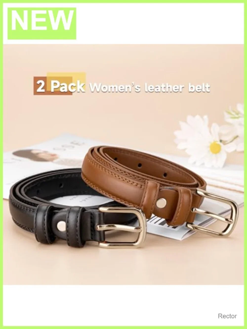 2 Pack Women's Faux Leather Belts with Gold-Tone Buckle, Adjustable Skinny Belt